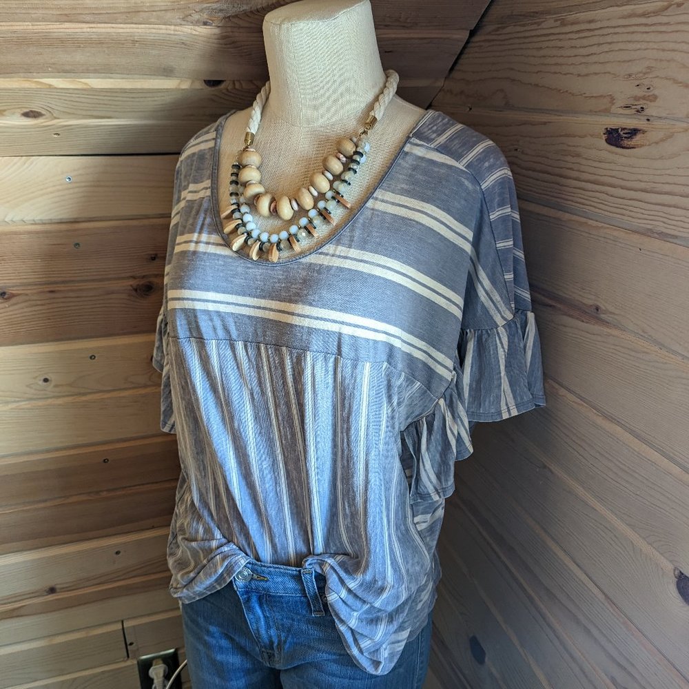 Light Blue Striped Flutter Sleeve Tee